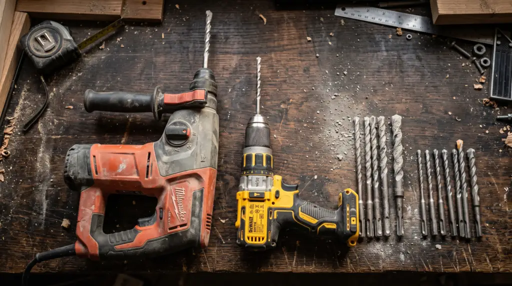 Bohrhammer und Bohrmaschine nebeneinander mit SDS-Bits und Steinbohrern auf dunklem Werkstatt-Tisch