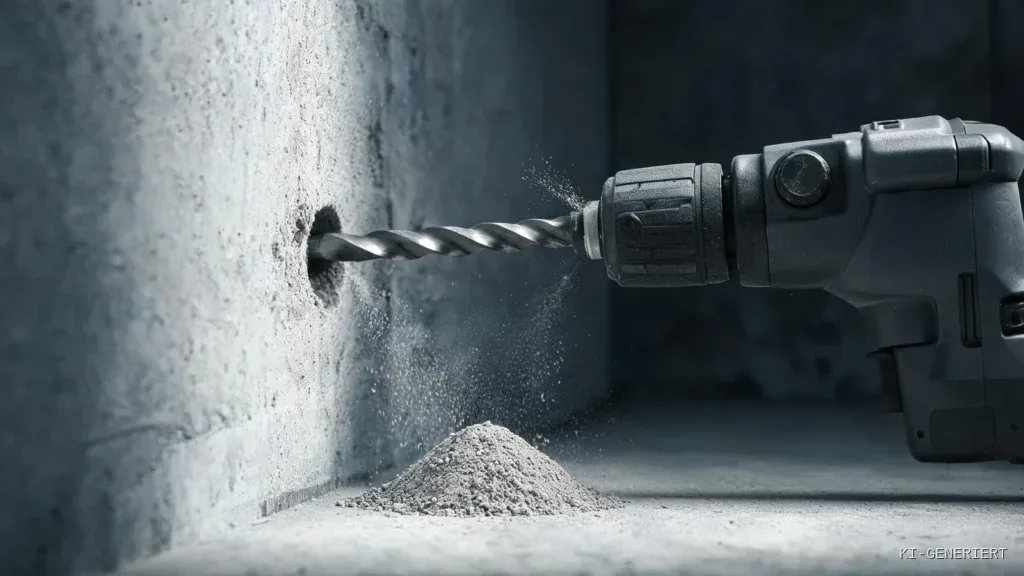 Bohrmaschine bohrt in eine Betonwand, Bohrstaub rieselt zu einem kleinen Kegel auf dem Boden