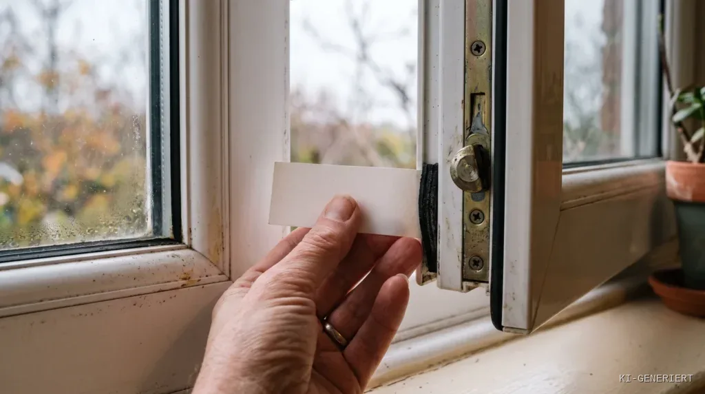 Geoeffneter Fensterfluegel von innen, Dichtung im Rahmenfalz, eine Hand haelt einen Papierstreifen zur Pruefung des Anpressdrucks