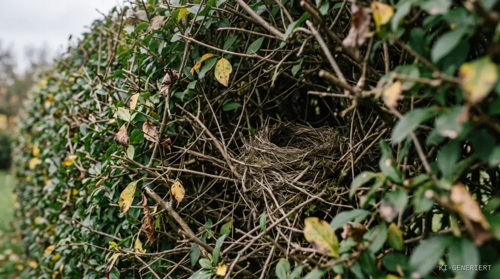 Dichte Gartenhecke von der Seite, im Geaest ein altes Vogelnest aus trockenen Halmen