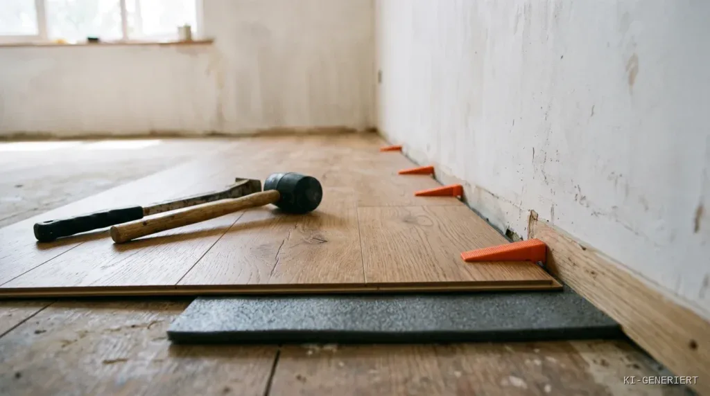 Verlegte Laminatdielen, orange Abstandskeile halten die Dehnungsfuge zur Wand offen, daneben Gummihammer und Zugeisen