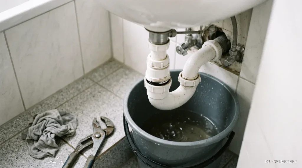 Weisser Siphon unter einem Waschbecken teilweise geloest, darunter ein Eimer mit Wasser, daneben Wasserpumpenzange und Tuch