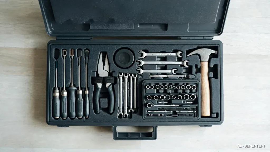 Geöffneter bestückter Werkzeugkoffer von oben: Schraubendreher, Zange, Gabelschlüssel, Steckschlüsseleinsätze, Bits und ein Hammer in einer Schaumeinlage