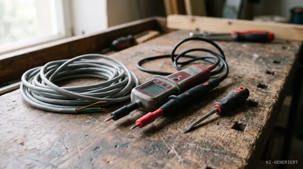 Zweipoliger Spannungspruefer mit zwei Pruefspitzen neben aufgerolltem Elektrokabel auf einer Holzwerkbank