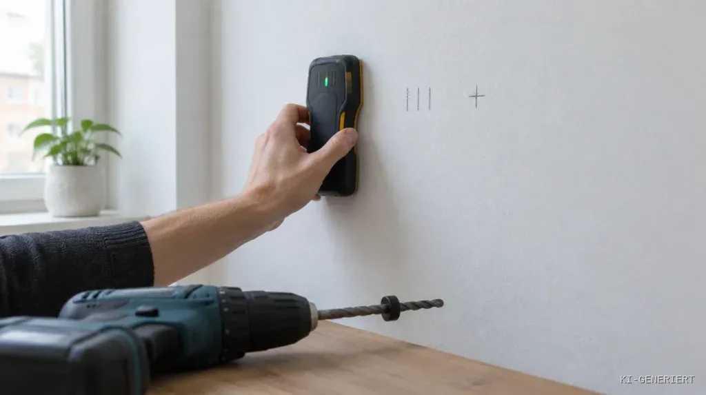 Eine Hand hält ein Ortungsgerät flach an eine weiße Wand, daneben Bleistiftmarkierungen; im Vordergrund liegt eine Bohrmaschine mit Steinbohrer.