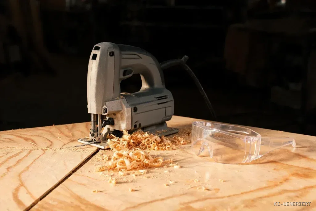 Stichsäge auf einer Holzplatte neben einem Haufen Sägespäne und einer klaren Schutzbrille