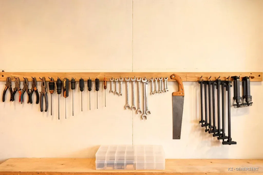 Werkstattwand mit Wandleiste, an der Zangen, Schraubendreher, Gabelschlüssel, eine Handsäge und Schraubzwingen sortiert hängen