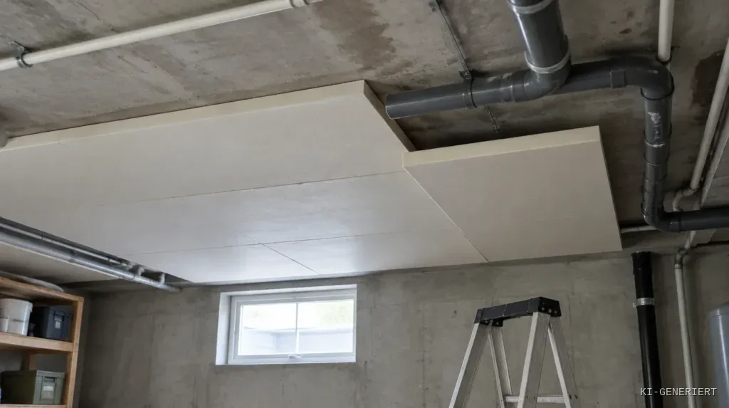 Betondecke eines trockenen Kellers, zur Hälfte mit hellen Dämmplatten beplankt, Rohrleitungen verlaufen um die Dämmung herum