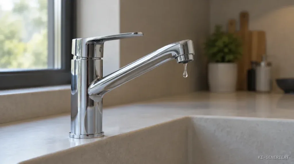 Verchromter Einhebelmischer über einem hellen Waschbecken, der Hebel steht geschlossen, am Auslauf hängt ein einzelner Wassertropfen